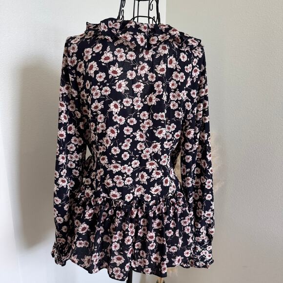 Everleigh Floral Navy Rust Ruffle Wrap Tie Long Sleeve Blouse Medium - Picture 4 of 10